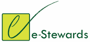 E-Stewards logo featuring a stylized lowercase "e" inside a yellow square with a green check mark, followed by the text "e-Stewards.