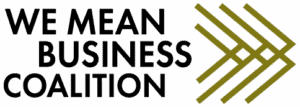 The logo shows the words "We Mean Business Coalition" next to a geometric design of four gold arrows pointing right.