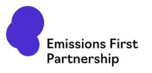 The Emissions First Partnership logo with a blue abstract shape on the left and the organization name in black text on the right.