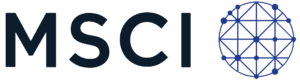 MSCI logo with bold black letters "MSCI" next to a blue geometric globe made of intersecting lines and dots.