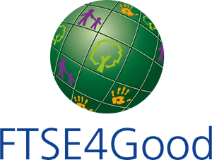 A green globe with tree, handprint, and family icons, above the text "FTSE4Good" in blue letters.