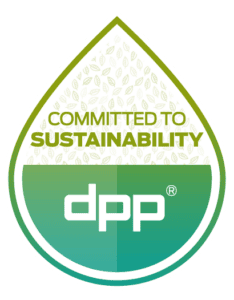 A green and white badge shaped like a water droplet with the words "Committed to Sustainability" and "dpp" logo, with a leaf pattern in the background.