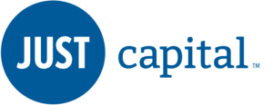 JUST Capital logo with the word "JUST" in white inside a blue circle, next to the word "capital" in blue lowercase letters on a white background.