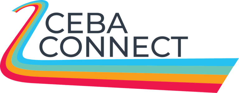 CEBA Connect logo with bold text and a multi-colored, swooping ribbon featuring red, orange, yellow, blue, and teal stripes.