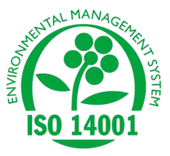 Green logo with text "Environmental Management System ISO 14001" encircling a stylized plant with leaves and circular flowers.