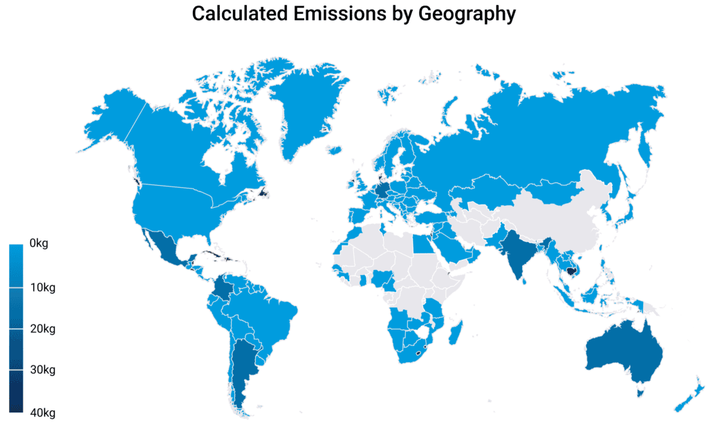 A world map displays calculated emissions by country, shaded from light blue (low emissions) to dark blue (high emissions); some countries are gray, indicating no data.